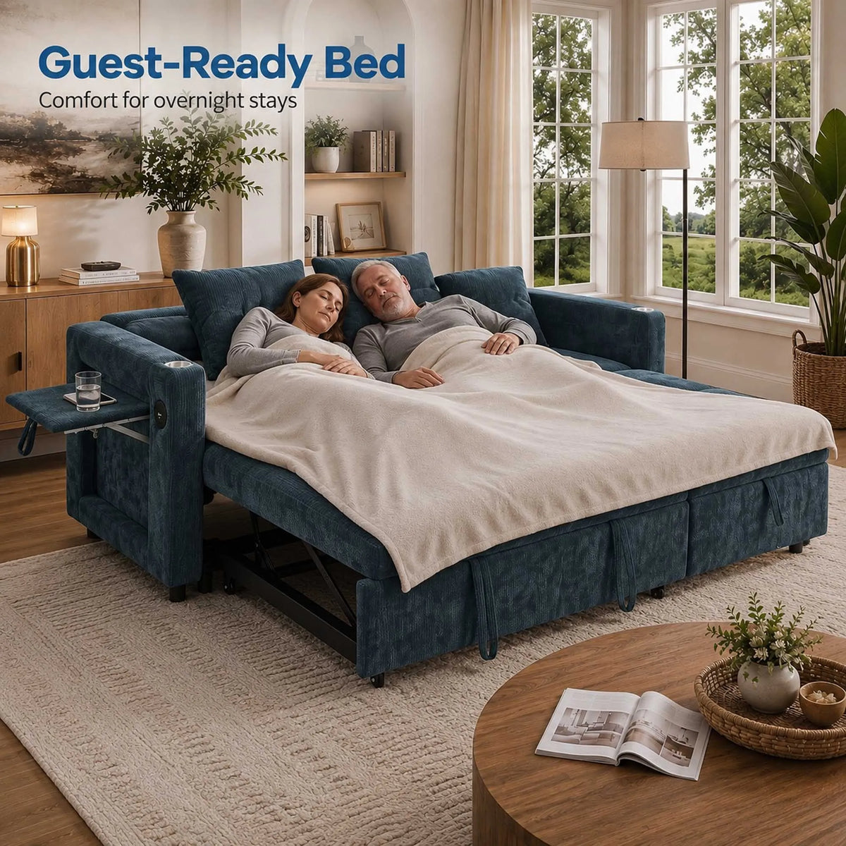 L-Shaped Sleeper Sofa with Pull Out Bed, Convertible Sectional Couch with Storage Chaise, USB/Type-C Charging and Cup Holders, Plush Chenille Modular Sofa for Living Room, Blue