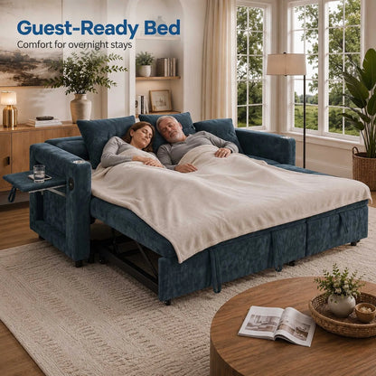 L-Shaped Sleeper Sofa with Pull Out Bed, Convertible Sectional Couch with Storage Chaise, USB/Type-C Charging and Cup Holders, Plush Chenille Modular Sofa for Living Room, Blue