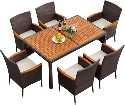 7 Piece Acacia Wood Patio Dining Furniture Set, Wicker Chairs with Comfort Cushions