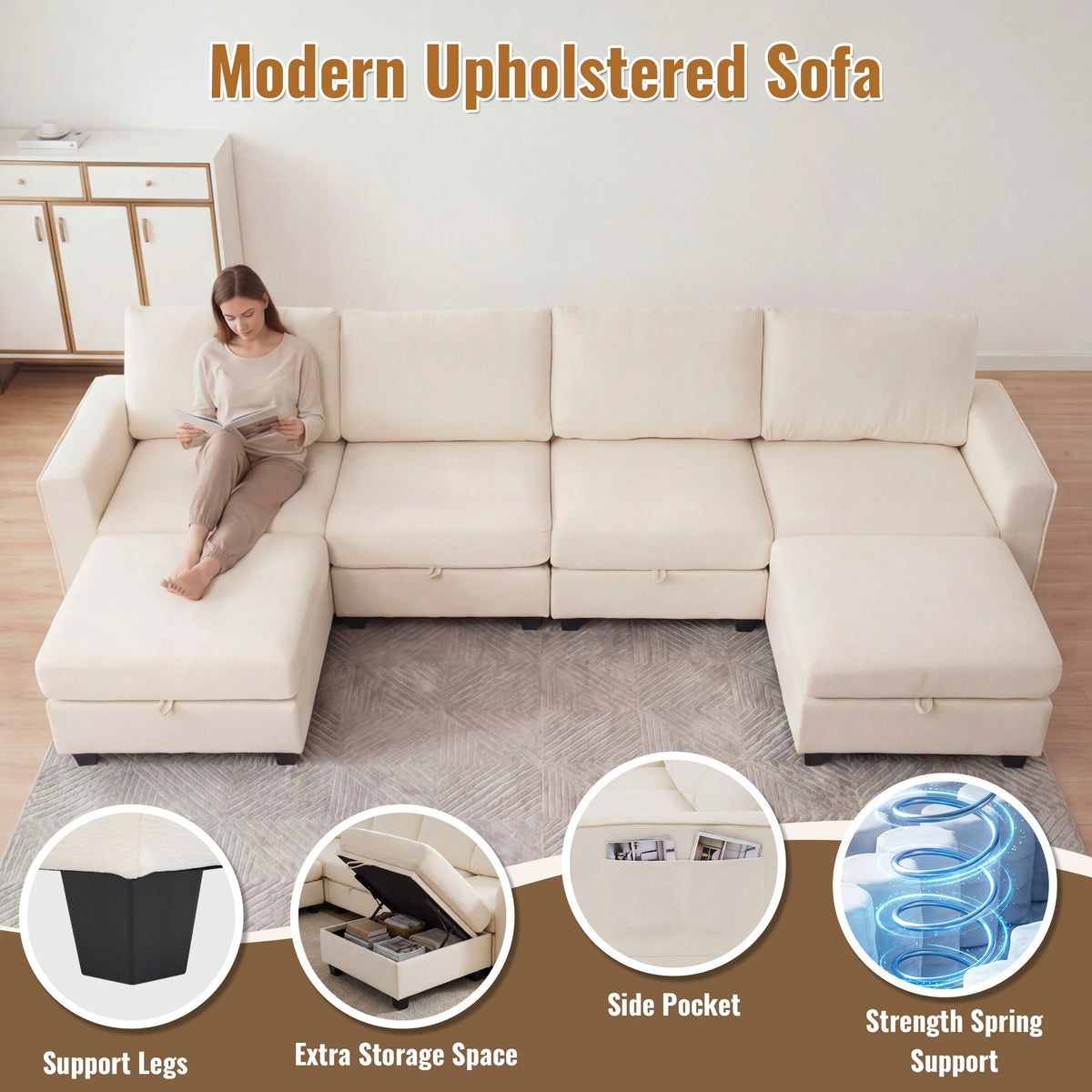 Modular Sectional Sofa Set with 2 Ottomans, U Shaped Convertible Couch with Storage, 4 Seat Convertible Sectional Couches for Large Living Room, Cloud-Like Comfort