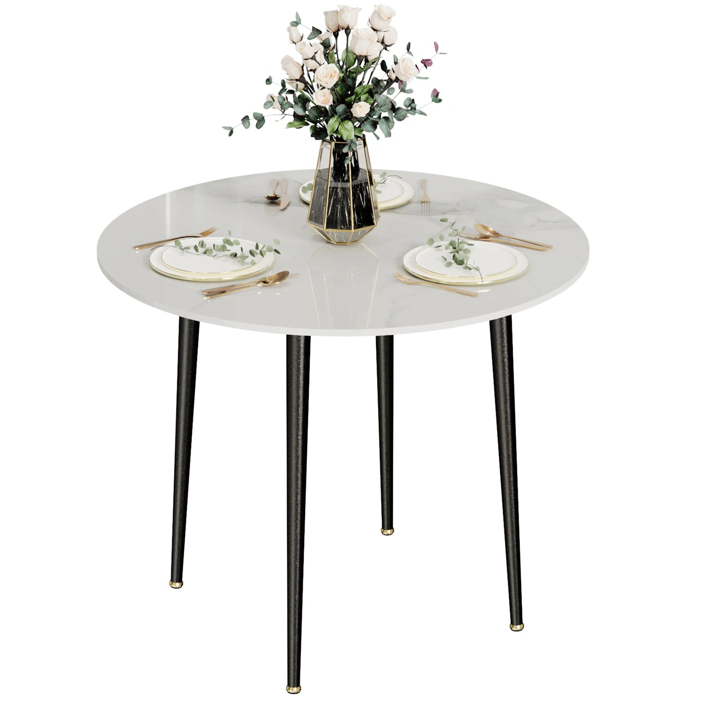 32" Round Stone Dining Table  for 2-4 Person - Small Kitchen Table with Black Metal Legs