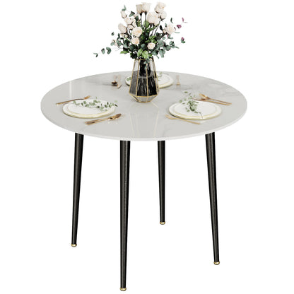 32" Round Stone Dining Table  for 2-4 Person - Small Kitchen Table with Black Metal Legs