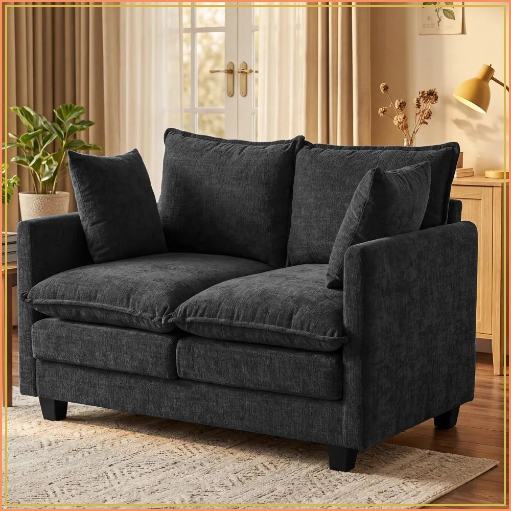 50" Loveseat Sofa, Cloud Cushion, Deep Seat, Modern Couch with Pillows, for Small Spaces, Black