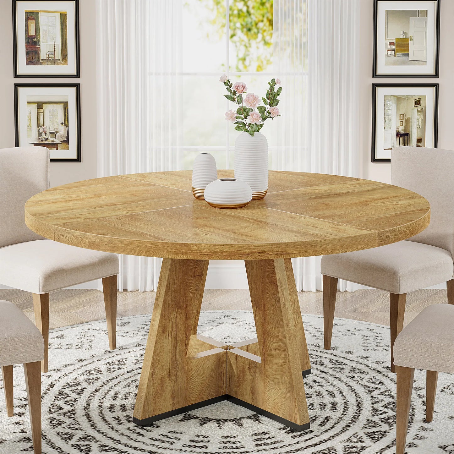 Round Dining Table for 4, 47 Inch Farmhouse Kitchen Table
