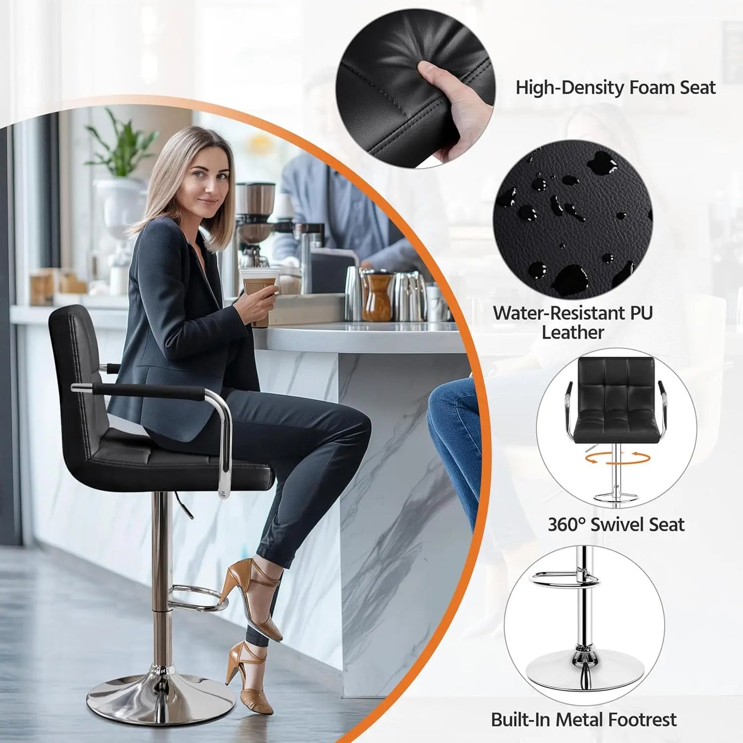 Counter Height Bar Stools Set of 4, PU Leather Adjustable Barstools with Armrest, with Thickened Seat