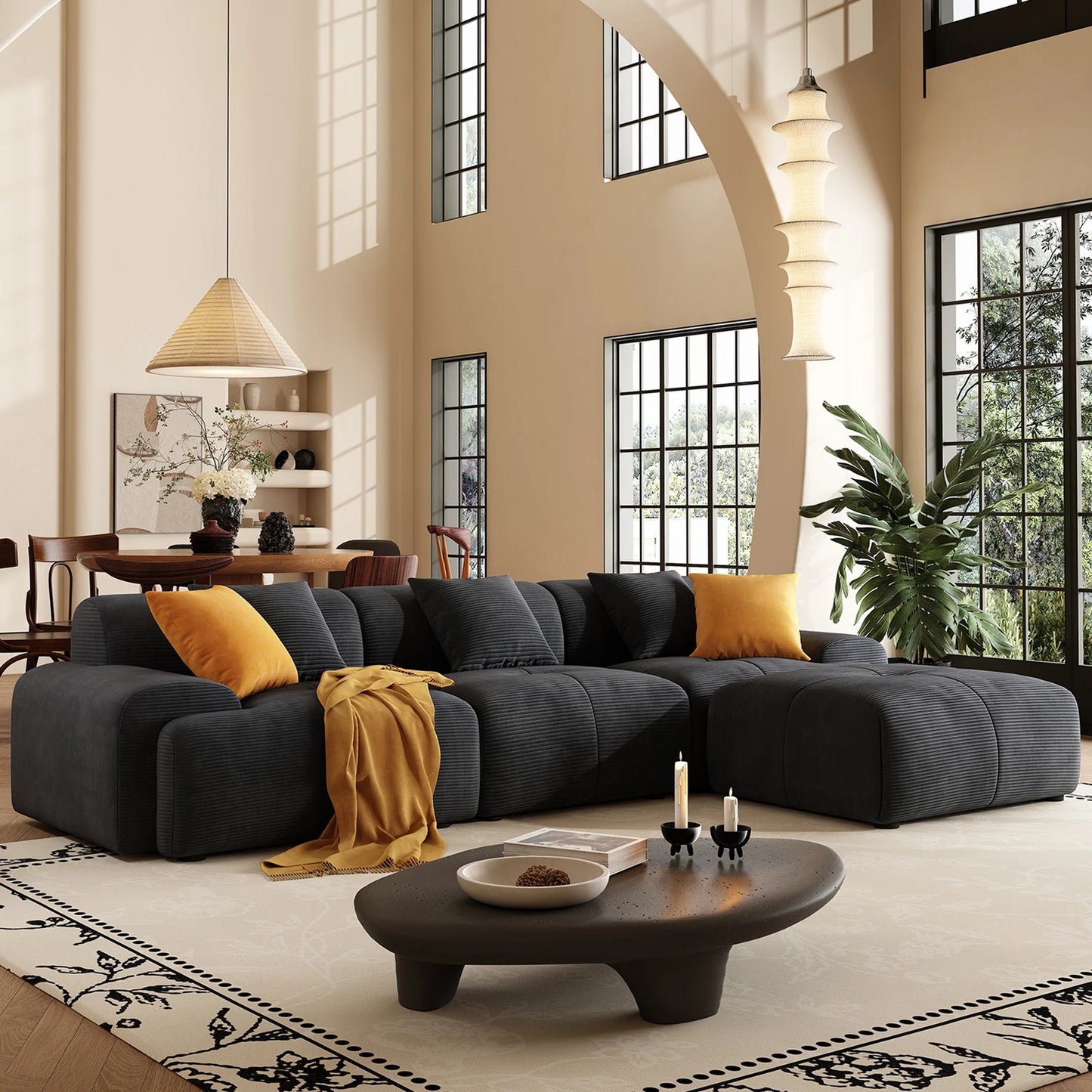113" Modern L-Shaped Modular Sectional Sofa for Living Room, Corduroy Upholstery Green, 3-Seater Cloud Couchand Movable Ottoman
