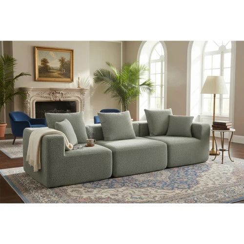 Modular Deep-Seat Sofa, 3-Piece All-Foam Sectional Couch in Soft Textured Fabric, Tool-Free Assembly, Apartment-Friendly Low Profile, 111" × 37" × 23.6"-Brown