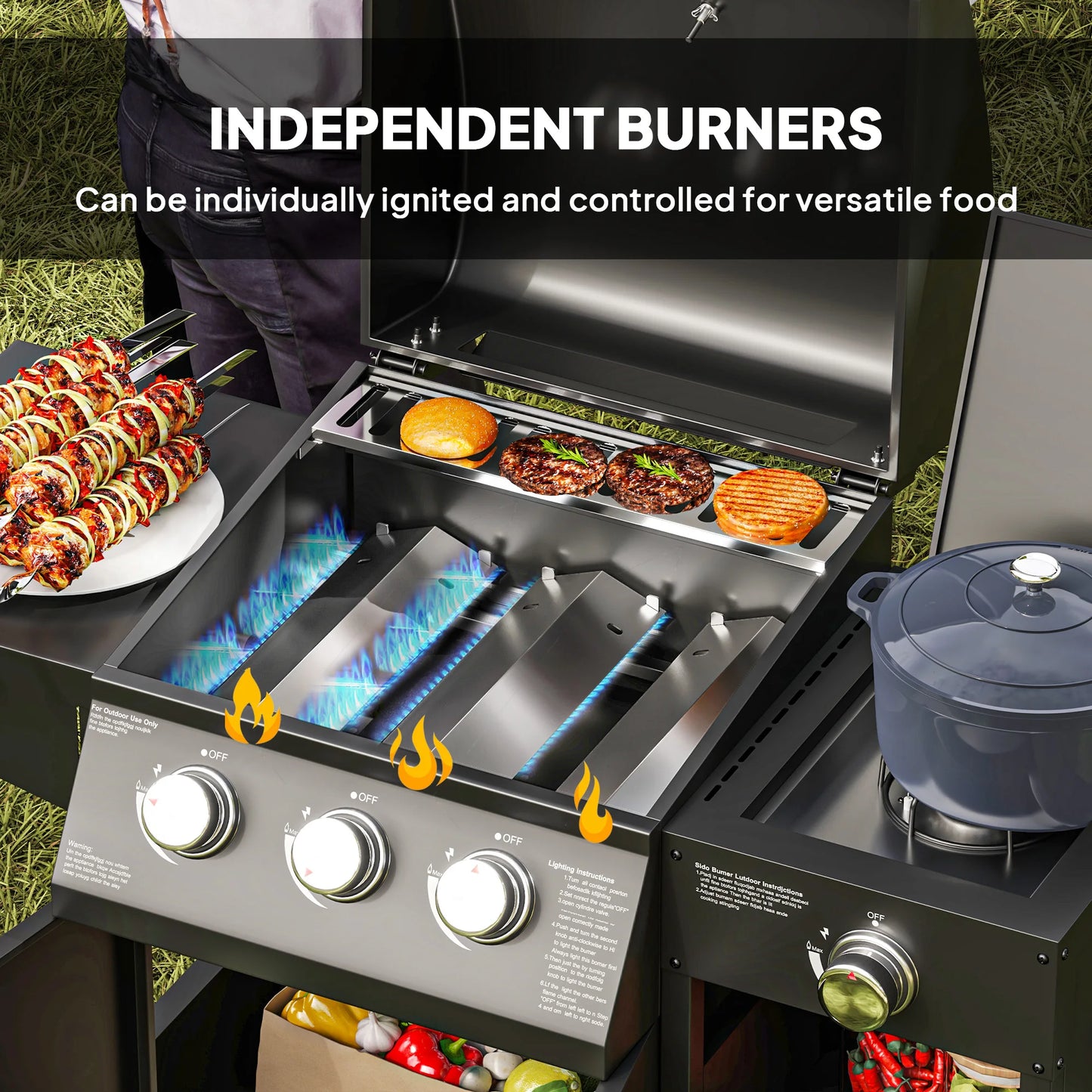 3 Burner Gas Grill with Side Burner and Shelves, Propane BBQ Grill