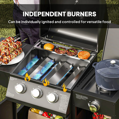 3 Burner Gas Grill with Side Burner and Shelves, Propane BBQ Grill