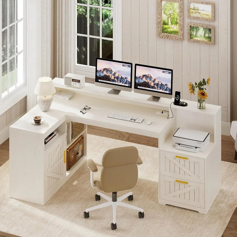 62.2" Farmhouse L Shaped Home Office Desk, Drawers, Storage Shelves & Power Outlet