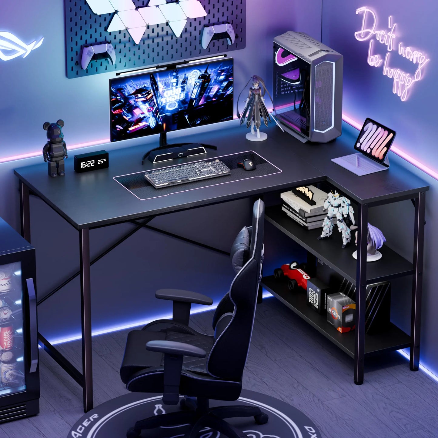 L Shaped Desk 47 Inch Computer Desk Gaming  Home Office PC Table with Reversible Storage Shelves