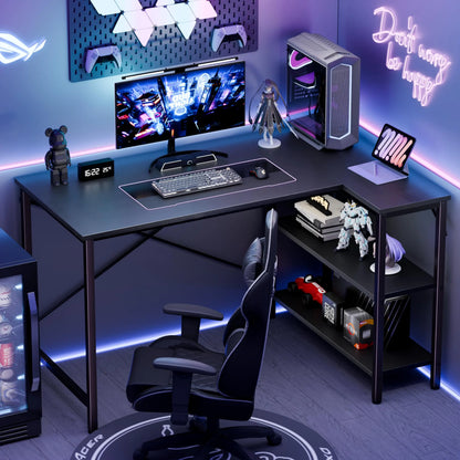 L Shaped Desk 47 Inch Computer Desk Gaming  Home Office PC Table with Reversible Storage Shelves