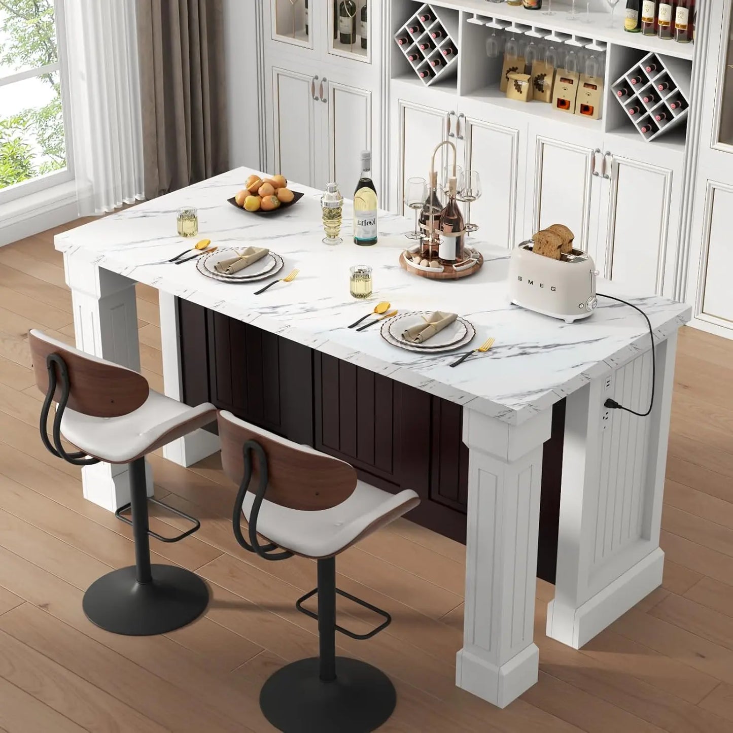 63" Large Imitation Marble Dining Table for 4-6 People with LED Lights