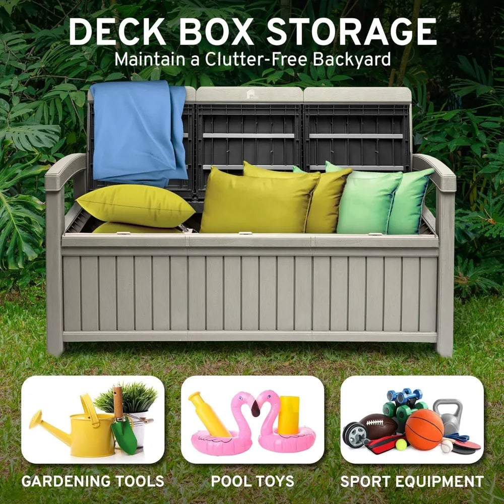 3 Seat Outdoor Storage Bench - 90 Gallon Capacity - Weatherproof Resin Bench for Patio, Porch, Garden, Yard, Pool Area -