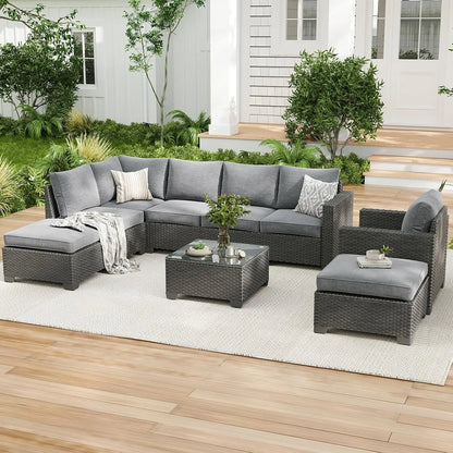 Patio Sectional Sofa Set, with Ottoman, Water/Oil/Stain-Resistant Fabric, Dark Gray Cushion + Gray Wick