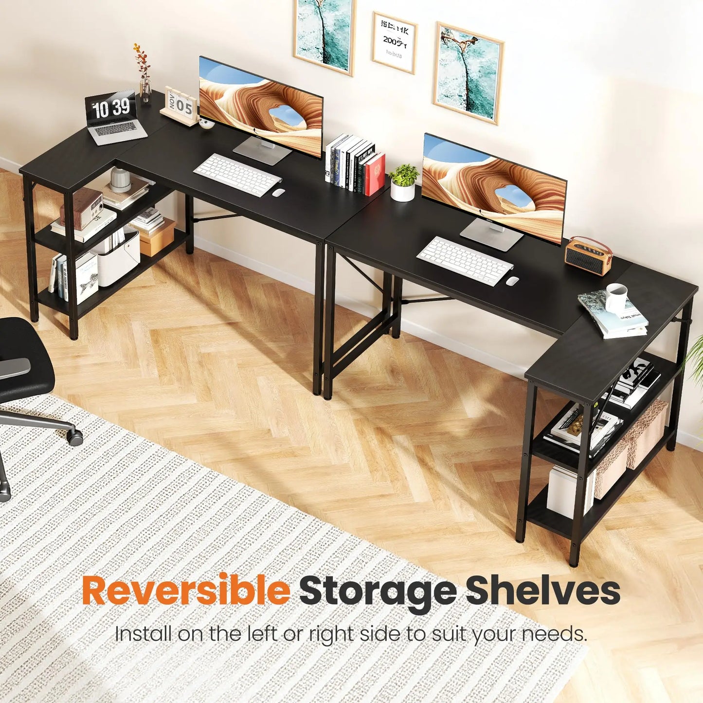 L Shaped Desk 47 Inch Computer Desk Gaming  Home Office PC Table with Reversible Storage Shelves