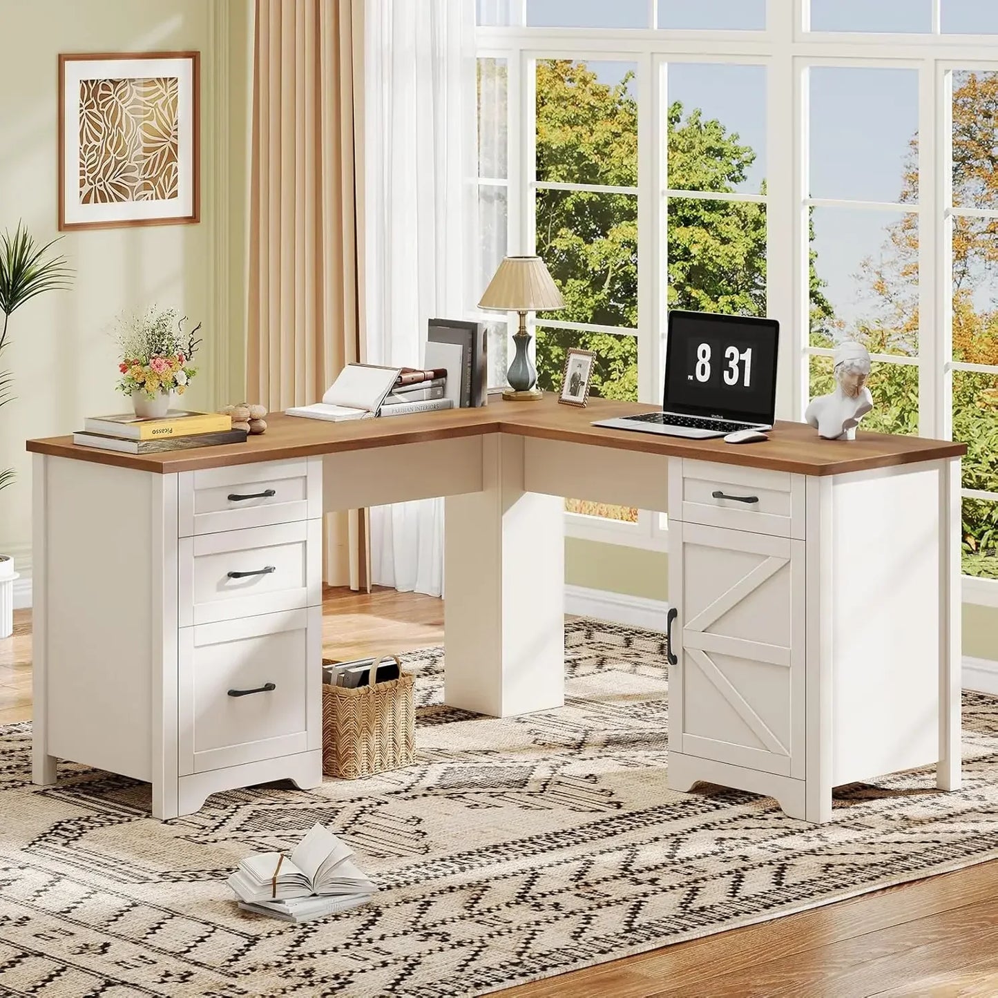 59” L Shaped  Home Office Desk with Flie Drawer,Stroage Cabinet, Wood Corner Sturdy with Power Outlets
