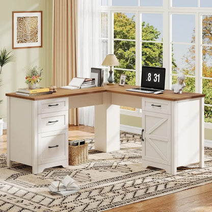 59” L Shaped  Home Office Desk with Flie Drawer,Stroage Cabinet, Wood Corner Sturdy with Power Outlets
