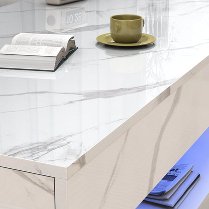Modern  Coffee Table with LED lights, Double-Layer Design for Living Room Coffee Table with 2 Storage Drawers