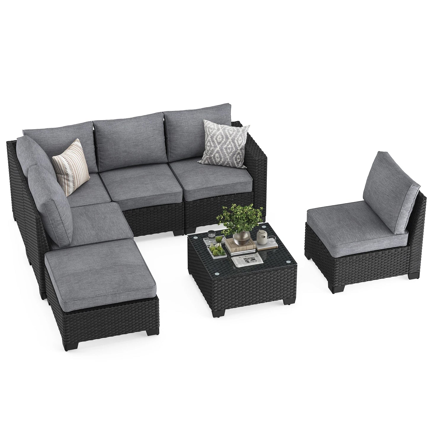 Patio Sectional Sofa Set, with Ottoman, Water/Oil/Stain-Resistant Fabric, Dark Gray Cushion + Gray Wick