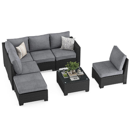 Patio Sectional Sofa Set, with Ottoman, Water/Oil/Stain-Resistant Fabric, Dark Gray Cushion + Gray Wick