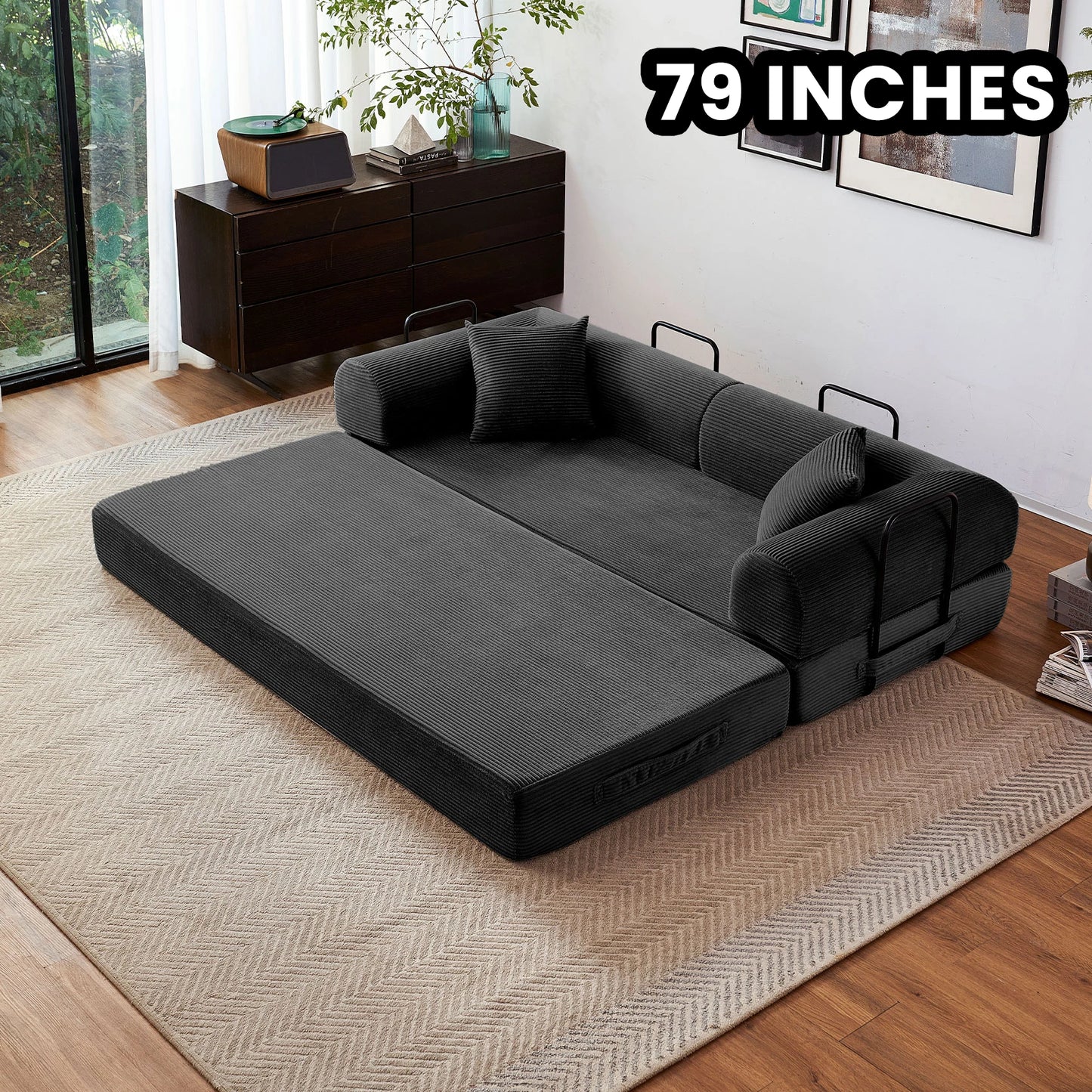 79''  Foldable Convertible Futon Sleeper Sofa Bed with L-Shaped Armrests for Living Room