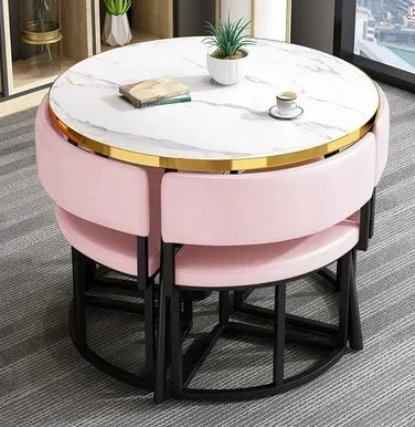 Round Luxury White Mobile Dining Table  Set with 4 Chairs