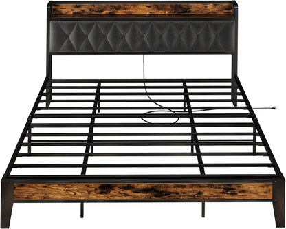 Twin/TwinXL/Full/Queen/King/California King Bed Frames, Storage Headboard with Outlets,  No Box Springs Needed