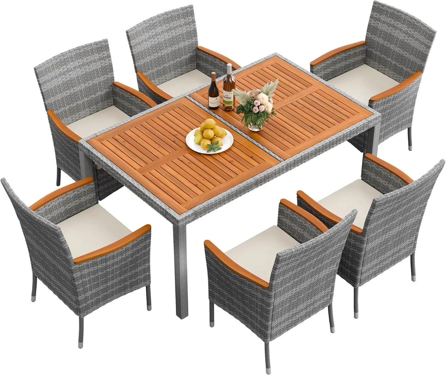 7 Piece Acacia Wood Patio Dining Furniture Set, Wicker Chairs with Comfort Cushions