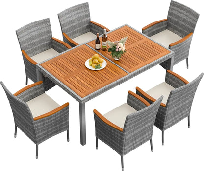 7 Piece Acacia Wood Patio Dining Furniture Set, Wicker Chairs with Comfort Cushions
