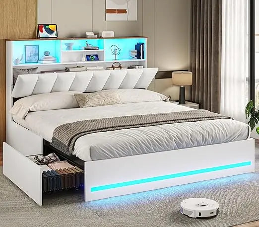 Bed Frame with Bookcase Headboard, Wooden Bed Frame with Charging Station, Storage Drawers and LED Lights, Customized