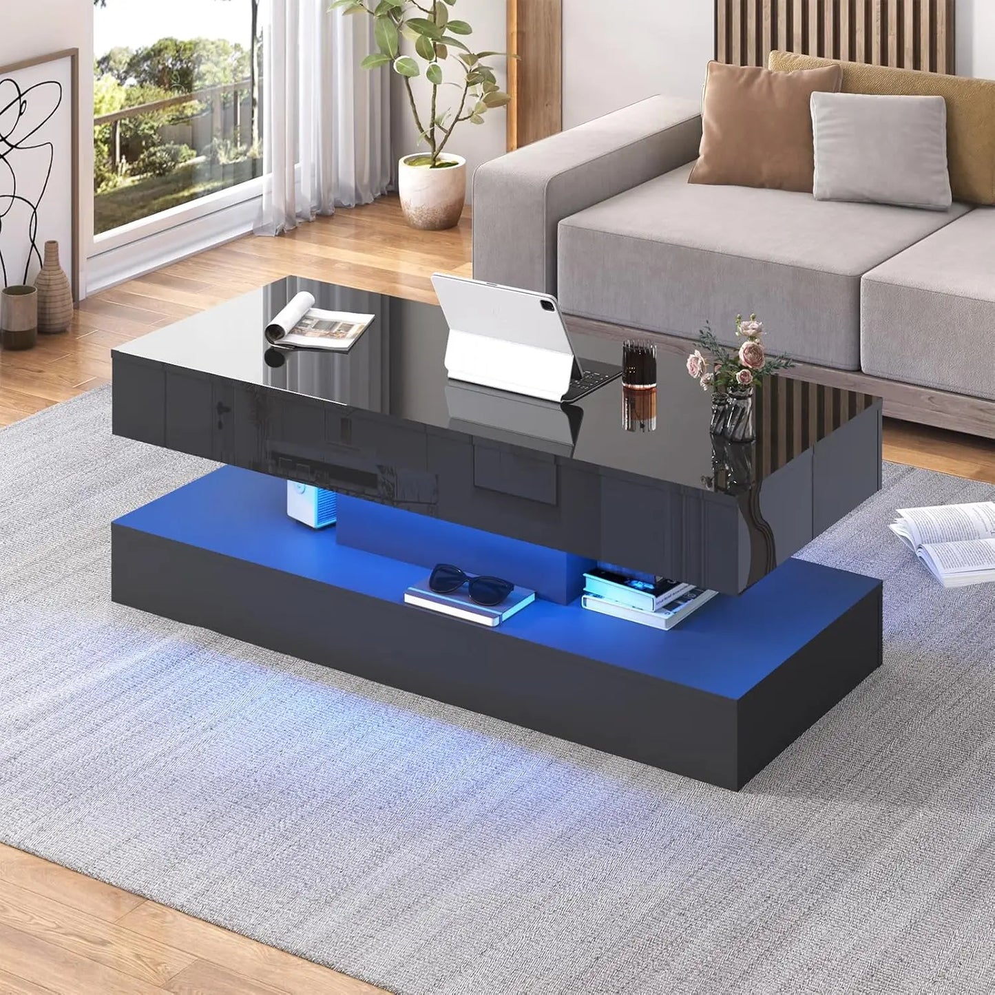 Modern  Coffee Table with LED lights, Double-Layer Design for Living Room Coffee Table with 2 Storage Drawers