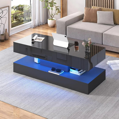 Modern  Coffee Table with LED lights, Double-Layer Design for Living Room Coffee Table with 2 Storage Drawers