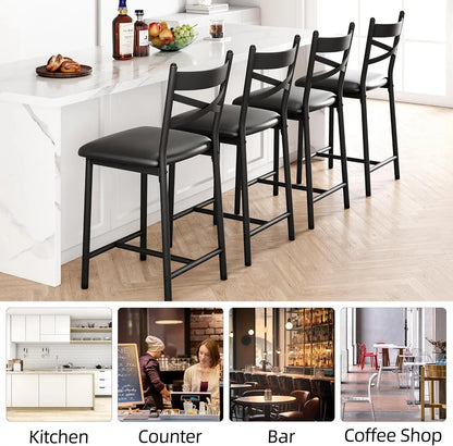 26 Inch Bar Stools Set of 4, Counter Height Bar Chairs with Back and Thick Cushion, Upholstered Dining Chairs with Padded Seat