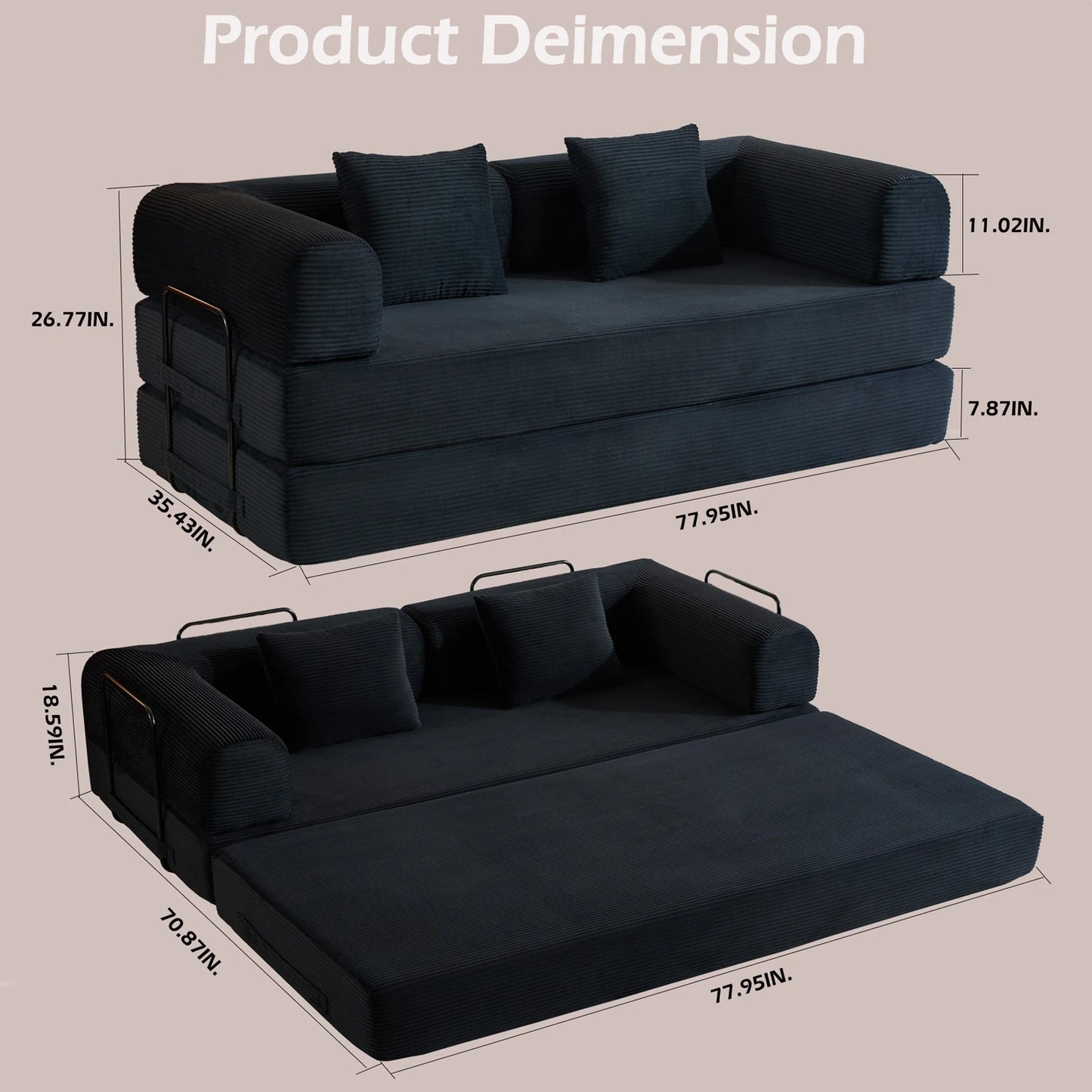 79" Convertible Sofa Bed with Removable Armrests,