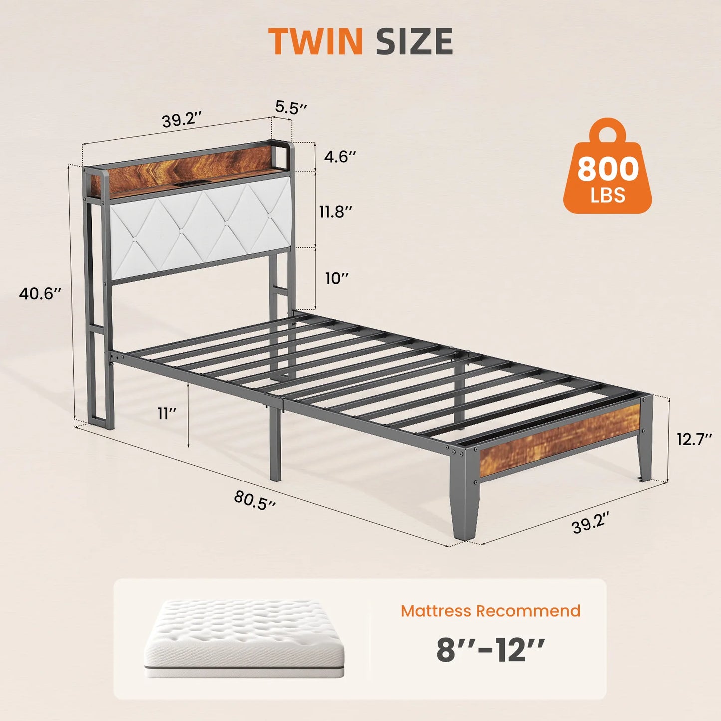 Twin Size Metal Bed Frame with Storage Headboard No Box Spring Needed Easy Assembly Durable Squeak-Free Frame With USB Charging Station For Home Bedroom