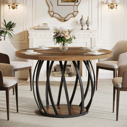 Round Dining Table, 46-Inch(118cm)Wood Kitchen Table with Sturdy Metal Base for 4-6 People,Rustic Brown