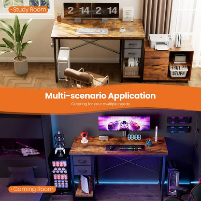 47IN Computer Desk with 2 Drawers For Study Wood Table with Adjustable Position Drawers Modern Work Table for Office or Gaming