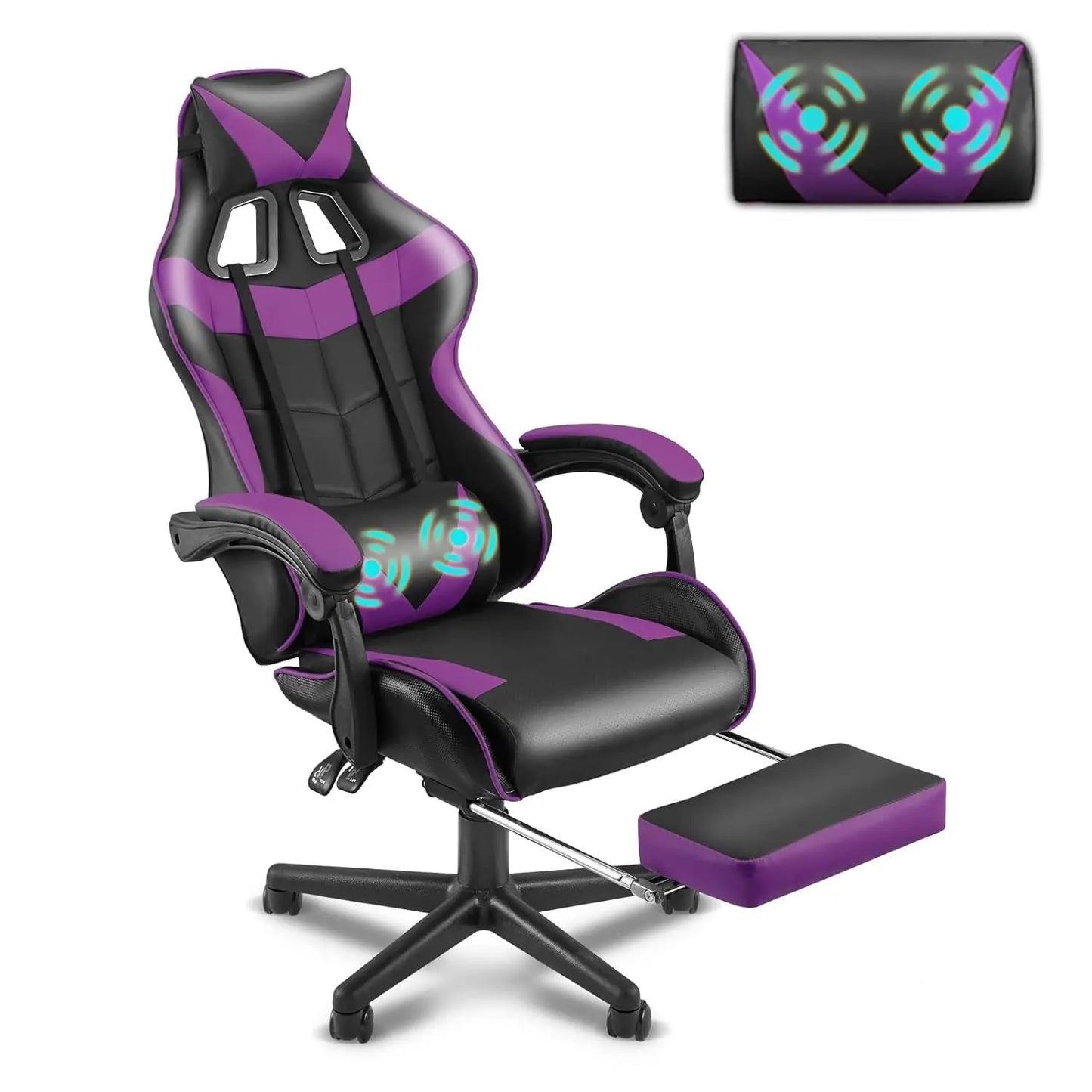 Pink Ergonomic Gaming Chair with Bunny Ears Footrest Headrest Lumbar Support for Home Office