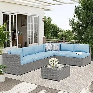 Black Rattan Wicker Sectional  Outdoor Patio Furniture Sofa Set  with Glass Top Table and Cushions (Red)
