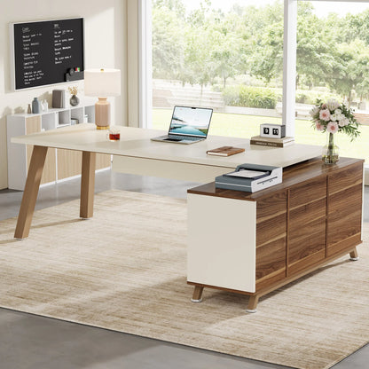 Large L-Shaped Office  Desk with 55-Inch Cabinet  Storage Shelves