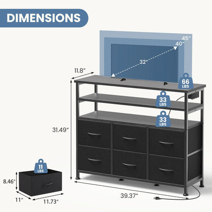 TV Stand Dresser For Living Room With 6 Fabric Drawers