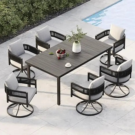 7 PCS Patio Table and Chairs Set, Metal Woven Wicker Patio Chairs with Thickened Cushions Outdoor Dining Set for 6