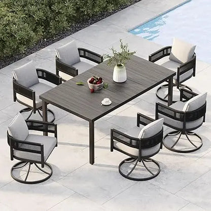 7 PCS Patio Table and Chairs Set, Metal Woven Wicker Patio Chairs with Thickened Cushions Outdoor Dining Set for 6