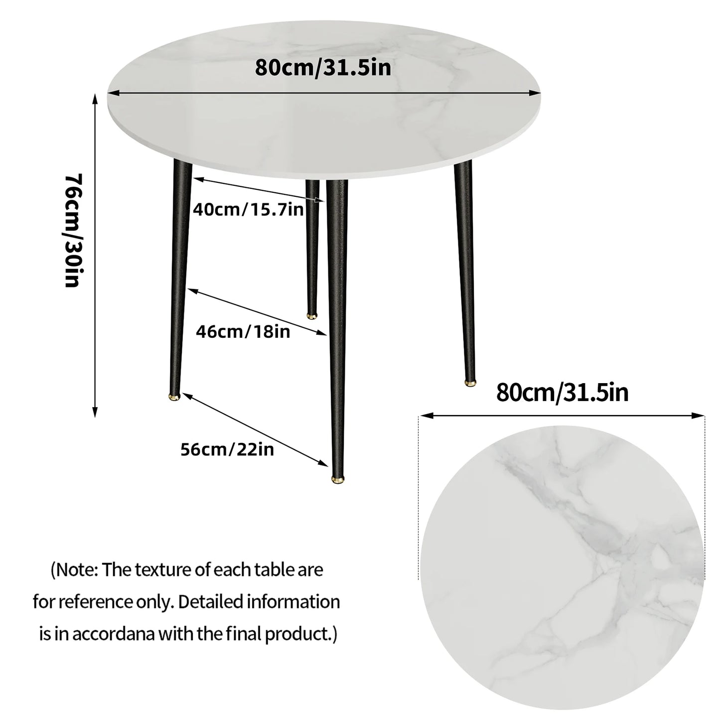 32" Round Stone Dining Table  for 2-4 Person - Small Kitchen Table with Black Metal Legs