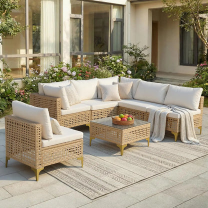 7-Piece Wicker Patio Sectional Sofa with Cushions & Glass Coffee Table for Porch Garden Backyard