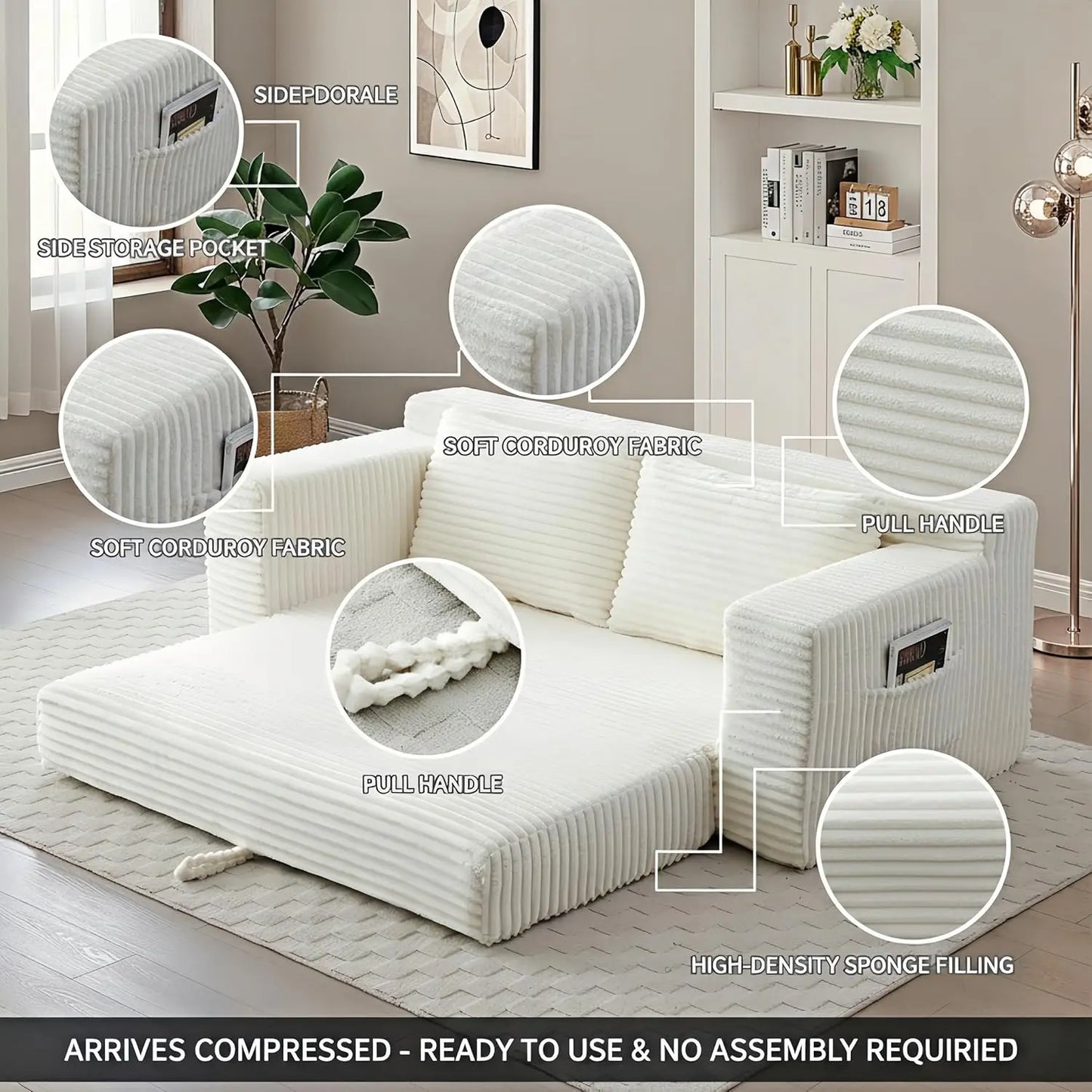 73" Convertible Sleeper Sofa, Comfy Corduroy Foldable Sofa Bed with 2 Pillows, Floor Sofa Lounge Couch