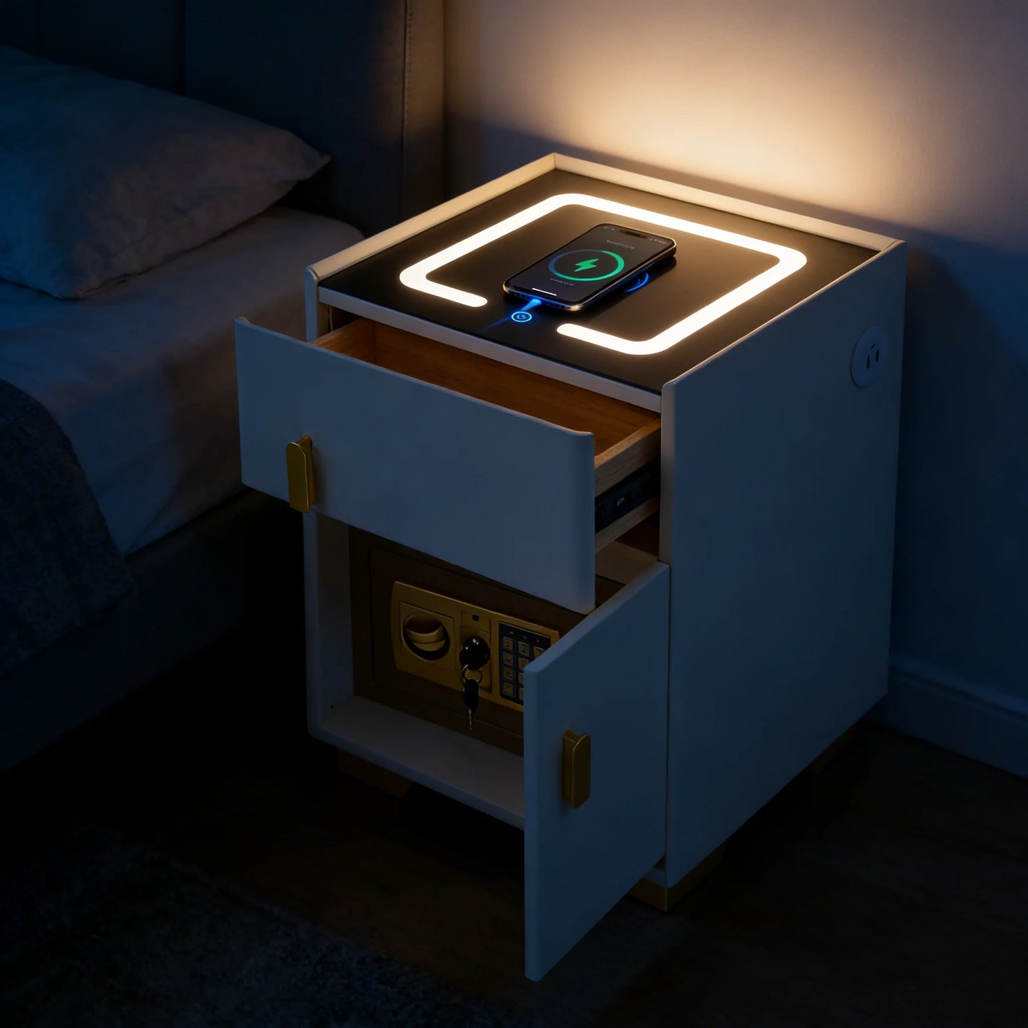 Smart Nightstand w/ Drawer & Safe Wireless Charging Nightstand