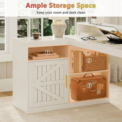 62.2" Farmhouse L Shaped Home Office Desk, Drawers, Storage Shelves & Power Outlet