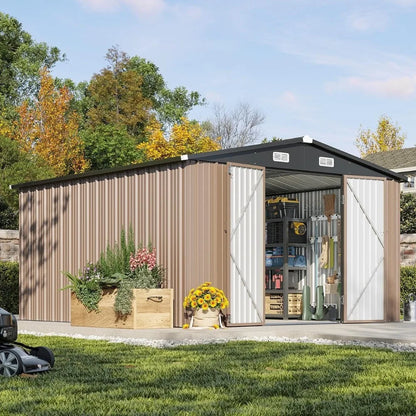 10x12 FT Outdoor Storage Shed with Double Hinged Large Door Garden Utility Shed Lockable Sloped Roof Metal Backyard Patio